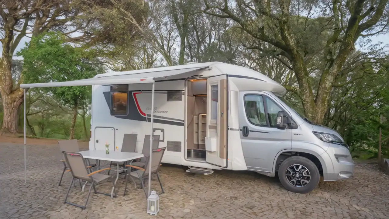 Autocaravana Aurora estacionada entre árvores, com o toldo aberto